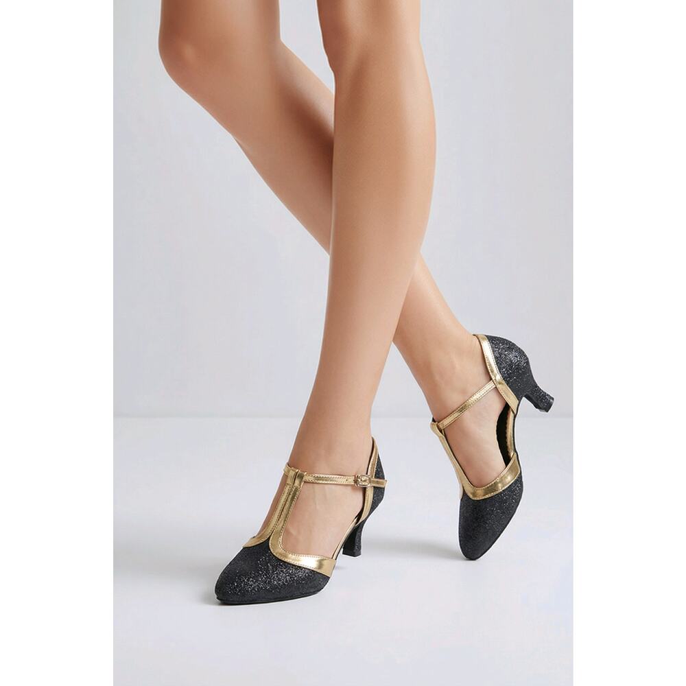Dance and Sway Black Gold Glitter Ballroom Heels Size 8 T-Strap Latin Shoes